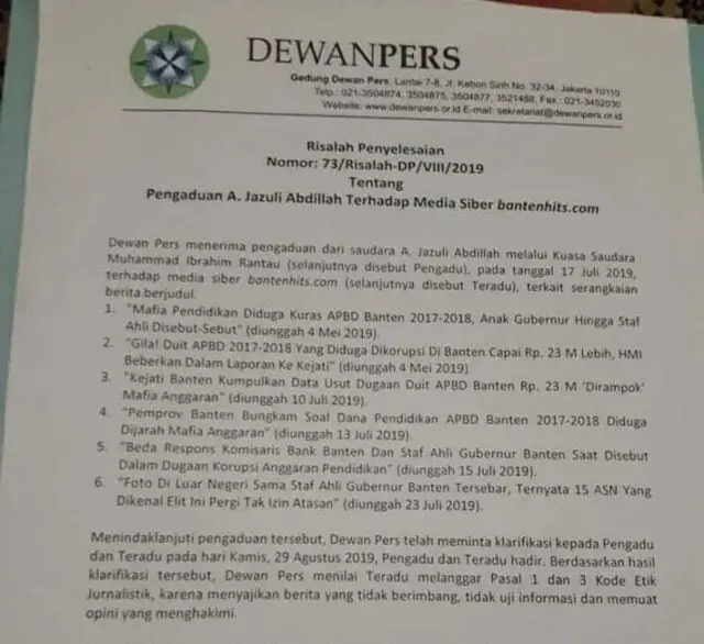 Dewan Pers Keluarkan Risalah Pengaduan A. Jazuli Abdillah Dewan Pers Keluarkan Risalah Pengaduan A. Jazuli Abdillah