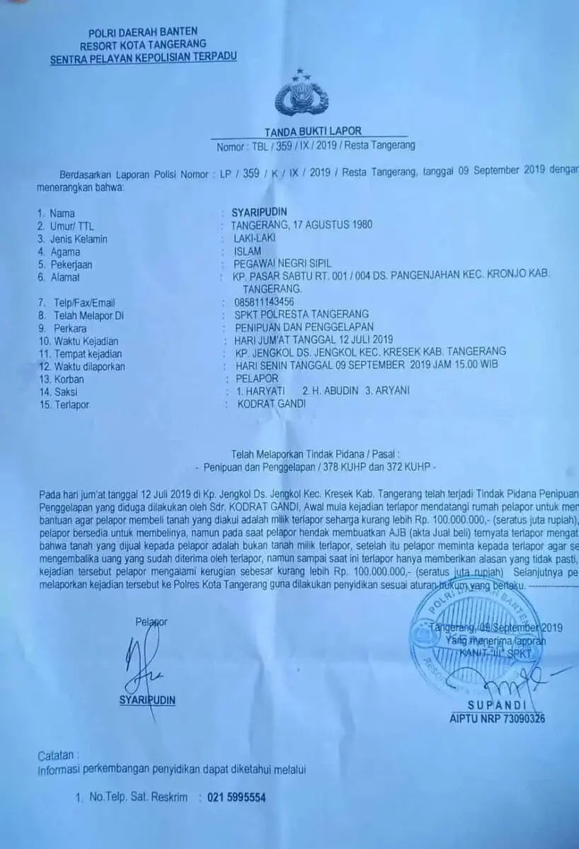 Diduga Lakukan Penipuan, Mantan Kades Jengkol Kresek, Dilaporkan Ke Polisi Diduga Lakukan Penipuan, Mantan Kades Jengkol Kresek, Dilaporkan Ke Polisi