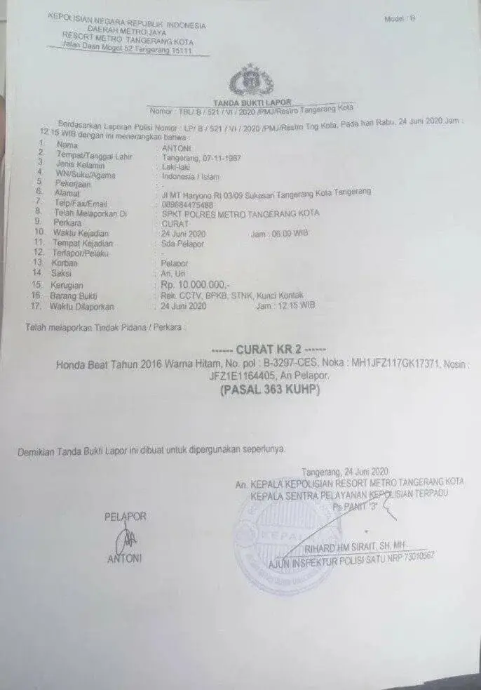 Dua Pelaku Pencuri Sepeda Motor di Tangerang Terekam CCTV