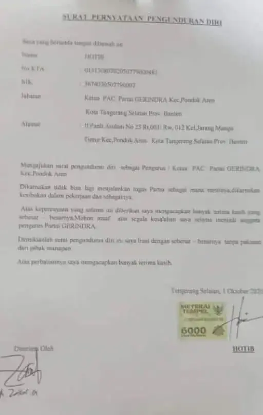 Karena Sibuk Kerja, Ketua PAC Gerindra Pondok Aren Mengundurkan Diri