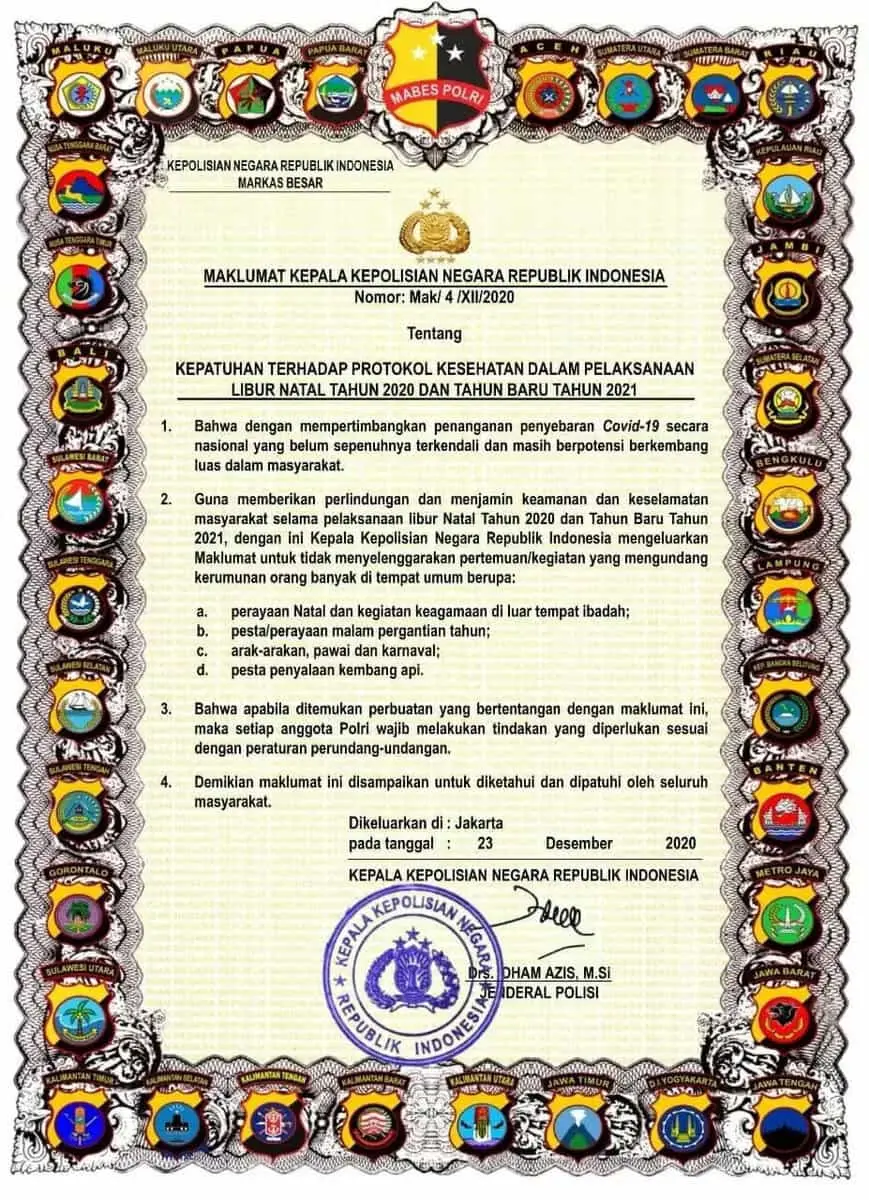 Kapolri Terbitkan Maklumat Kepatuhan Prokes saat Libur Natal dan Tahun Baru Kapolri Terbitkan Maklumat Kepatuhan Prokes saat Libur Natal dan Tahun Baru