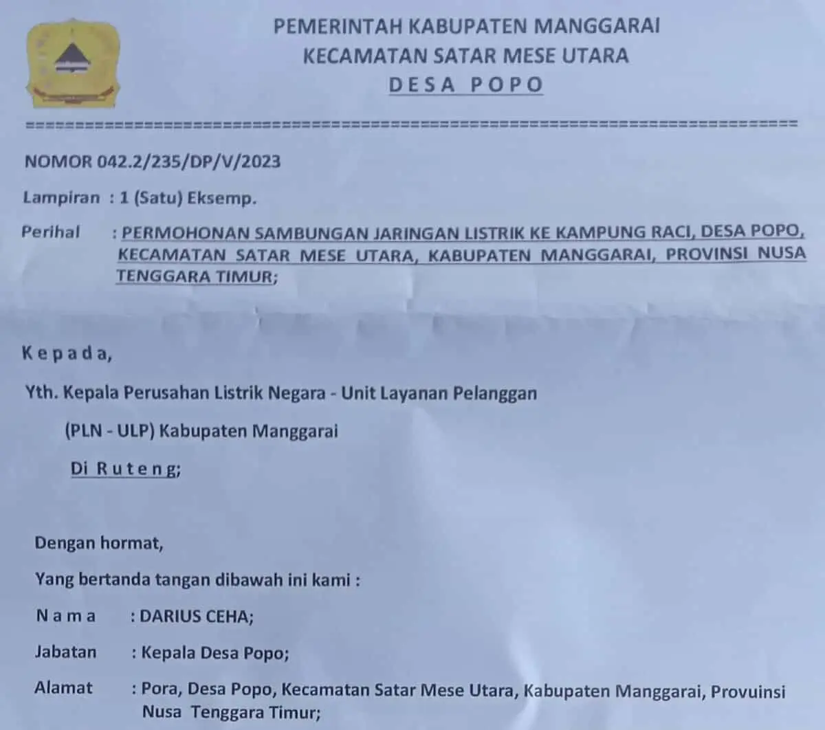 Belum Semua Kampung Teraliri Listrik,Kades Popo Kabupaten Manggarai Ajukan Permohonan Ke PLN ULP Ruteng Belum Semua Kampung Teraliri Listrik,Kades Popo Kabupaten Manggarai Ajukan Permohonan Ke PLN ULP Ruteng