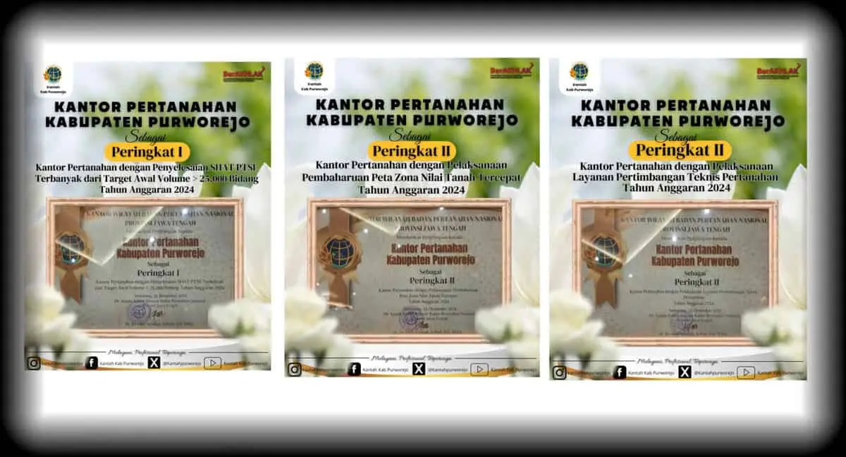 Kepala Kantor Pertanahan Kabupaten Purworejo Meraih Tiga Penghargaan dan Piagam dari Ombudsman RI Kepala Kantor Pertanahan Kabupaten Purworejo Meraih Tiga Penghargaan dan Piagam dari Ombudsman RI