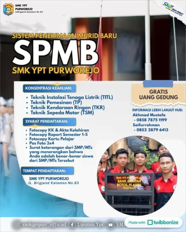 SPMB SMK YPT Purworejo Dibuka, Gratis Uang Gedung dan Empat Konsentrasi Keahlian Unggulan SPMB SMK YPT Purworejo Dibuka, Gratis Uang Gedung dan Empat Konsentrasi Keahlian Unggulan