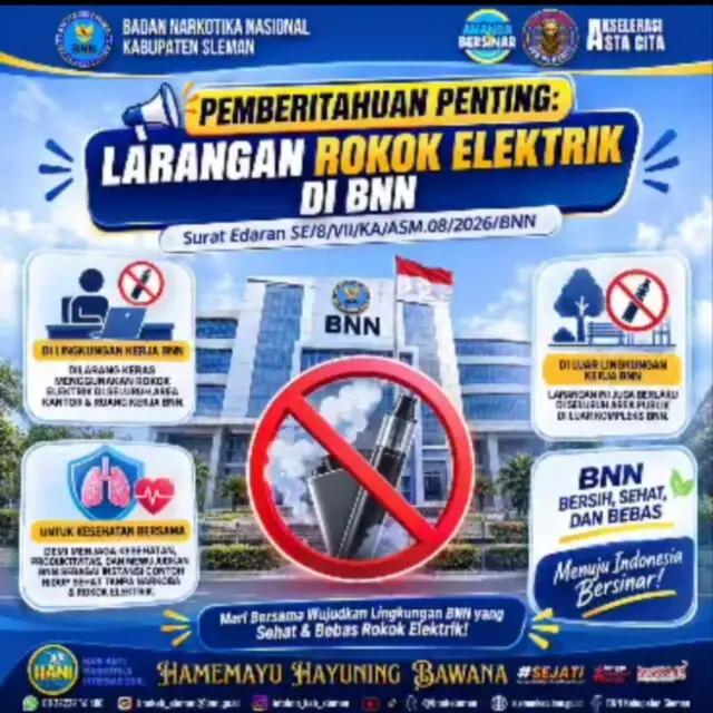 Mulai Berlaku! BNN Sleman Terapkan Larangan Rokok Elektrik di Lingkungan Kerja Mulai Berlaku! BNN Sleman Terapkan Larangan Rokok Elektrik di Lingkungan Kerja