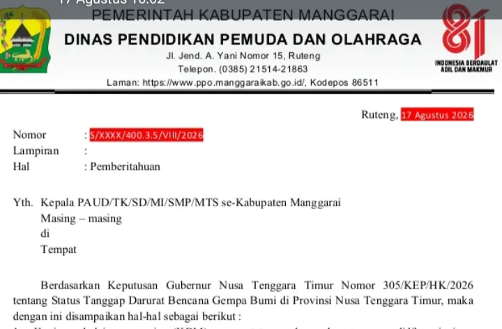 Pemda Manggarai Hentikan Sementara KBM Di Sekolah Selama 14 Hari Ke Depan
