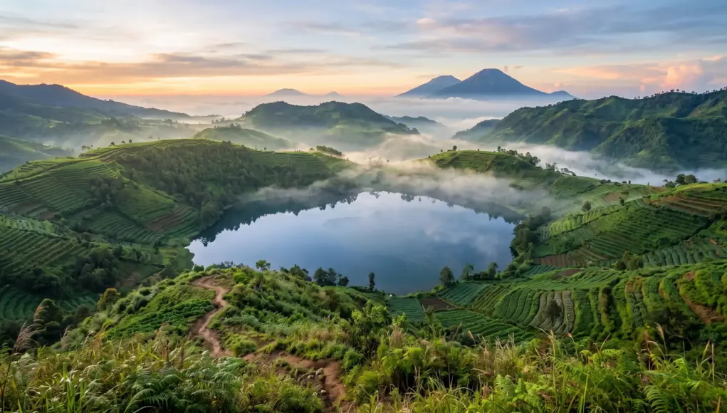 Rekomendasi 5 Wisata Sunyi dan Alami di Dieng Telaga Dringo berselimut kabut tipis di pagi hari