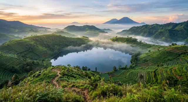 Telaga Dringo berselimut kabut tipis di pagi hari Telaga Dringo berselimut kabut tipis di pagi hari
